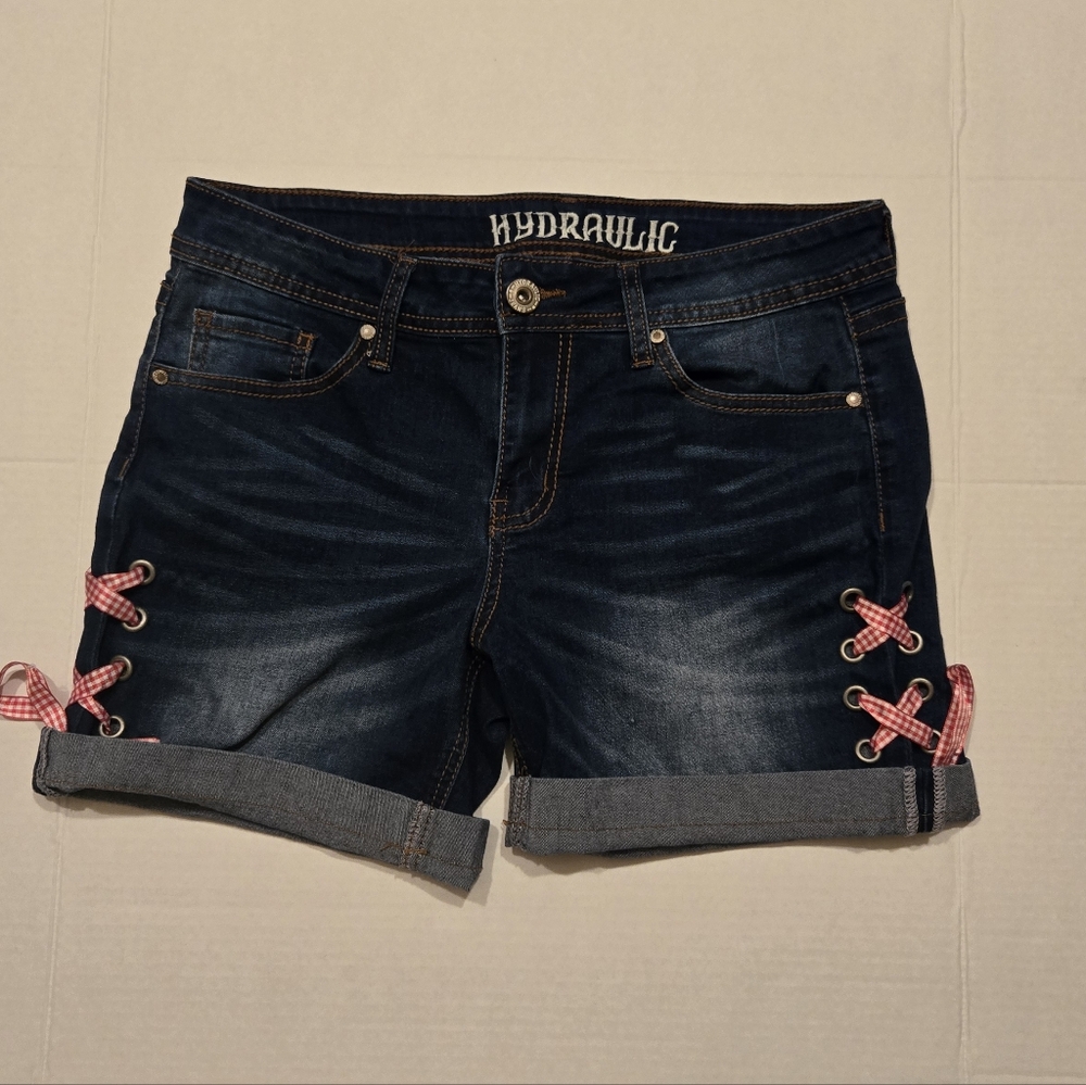 Hydraulic Women's Blue Jean Shorts with red check lace up rivet detail